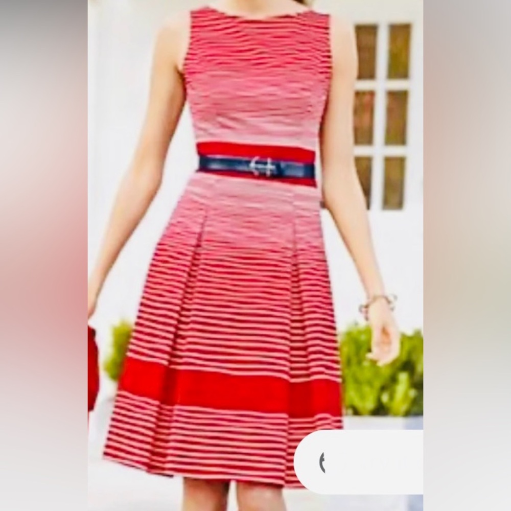 TALBOTS Dress- Fit and Flare Cocktail. Red & White Nautical Sleeveless 8P, Midi
